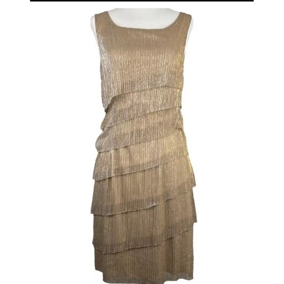 connected apparel Dresses & Skirts - Connected Apparel Dress Tiered Ruffle Womens Size 14 Gold Tan Sparkle‎ Ladies